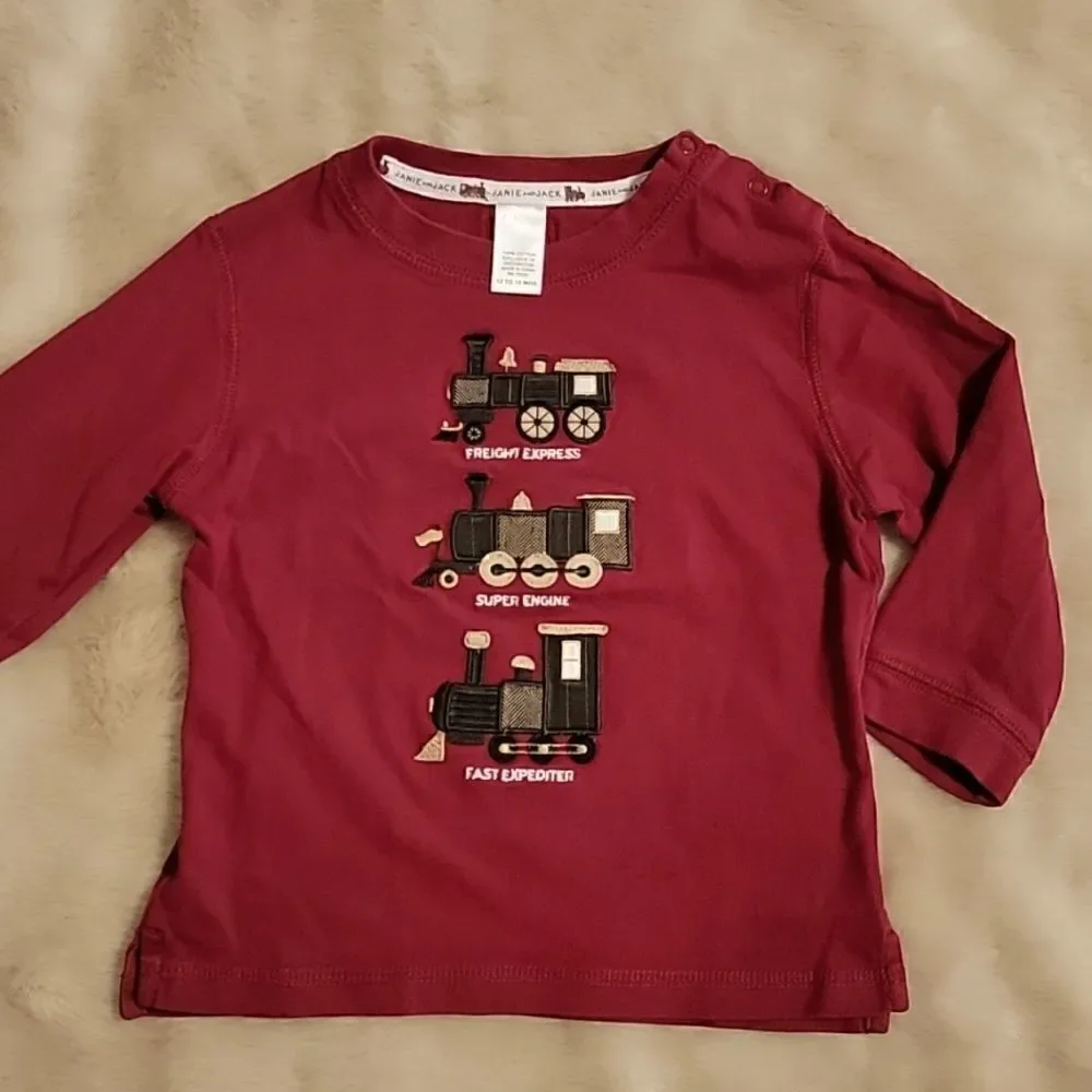 JANIE AND JACK RED LONG-SLEEVE T-SHIRT WITH TRAINS, SIZE 12-18 MONTHS